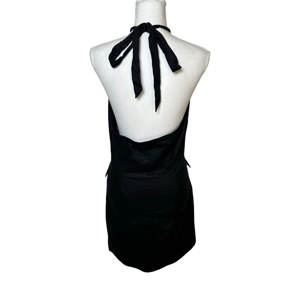 Staud black halter tie button front mini linen dress with pockets size S - Picture 4 of 7